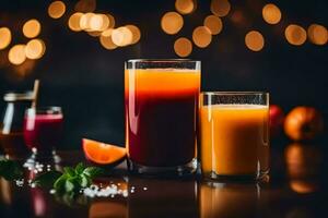 two glasses of orange juice and orange juice on a table. AI-Generated photo