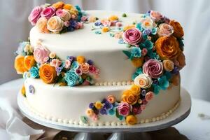 a white cake with colorful flowers on top. AI-Generated photo