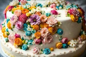 a cake decorated with colorful flowers. AI-Generated photo