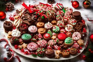 christmas cookies and candies on a plate. AI-Generated photo
