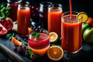 a variety of juices and fruit on a table. AI-Generated photo