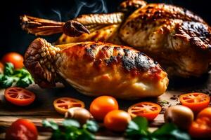 grilled chicken on a wooden cutting board with tomatoes and herbs. AI-Generated photo