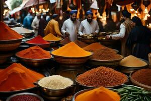 a market with many bowls of spices and other items. AI-Generated photo