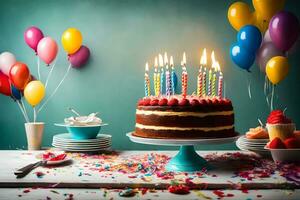 un cumpleaños pastel con velas en él. generado por ai foto