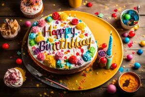 happy birthday cake with candles on a wooden table. AI-Generated photo