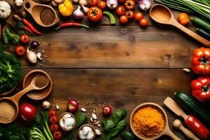 a wooden table with various vegetables and spices. AI-Generated photo