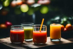 five glasses of juice on a wooden table. AI-Generated photo