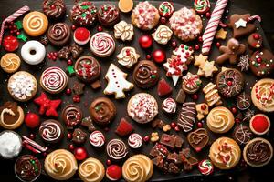 un grande surtido de Navidad galletas en un negro antecedentes. generado por ai foto