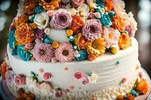 a wedding cake with colorful flowers on top. AI-Generated photo