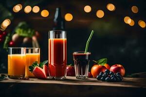 a table with fruit and juice. AI-Generated photo