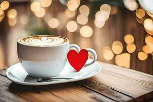 a cup of coffee with a heart shaped sticker. AI-Generated photo