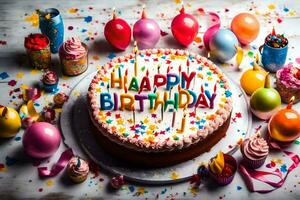 happy birthday cake with candles and confetti on a wooden background. AI-Generated photo