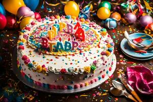 a birthday cake with colorful confetti and candles. AI-Generated photo