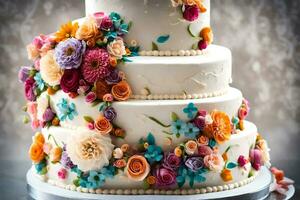 a three tiered wedding cake with colorful flowers. AI-Generated photo