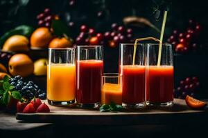 a variety of juices and fruit on a wooden table. AI-Generated photo