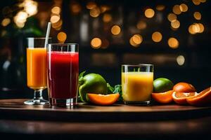 two glasses of orange juice and an orange on a wooden table. AI-Generated photo