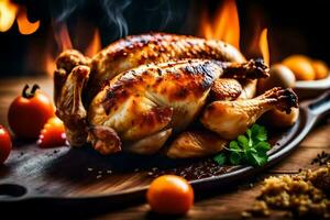 a roasted chicken on a wooden cutting board with vegetables and spices. AI-Generated photo
