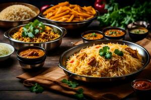 indian food in bowls and bowls on a table. AI-Generated photo