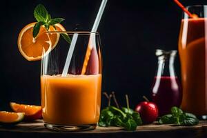 orange juice in a glass with a straw. AI-Generated photo