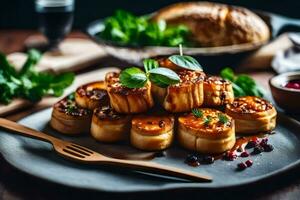 vieiras en un plato con un pan y hierbas. generado por ai foto