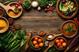 various vegetables and spices in wooden bowls on a wooden table. AI-Generated photo