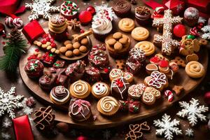 christmas desserts on a wooden platter. AI-Generated photo