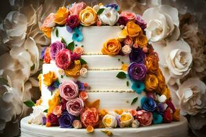 a wedding cake with colorful flowers on top. AI-Generated photo