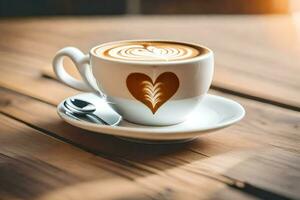 a cup of coffee with heart on the saucer. AI-Generated photo