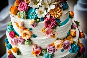 a wedding cake with colorful flowers on top. AI-Generated photo