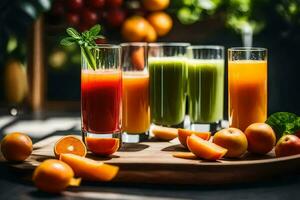 a variety of juices and fruits on a wooden tray. AI-Generated photo