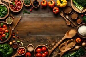 a wooden table with many different types of vegetables. AI-Generated photo