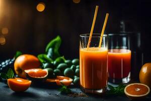 orange juice with a straw and oranges on a dark background. AI-Generated photo