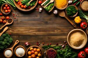 a wooden table with many different types of vegetables. AI-Generated photo