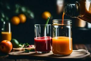 naranja jugo siendo vertido dentro un vaso. generado por ai foto