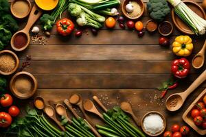 various vegetables and spices are arranged in a circle. AI-Generated photo
