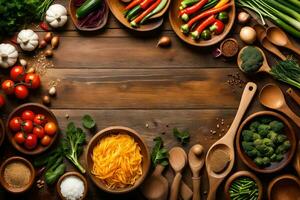 a variety of vegetables and spices in wooden bowls. AI-Generated photo