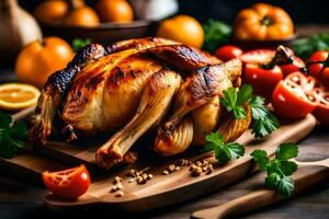 asado Turquía en un de madera corte tablero con vegetales. generado por ai foto