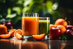 two glasses of juice with oranges and apples. AI-Generated photo