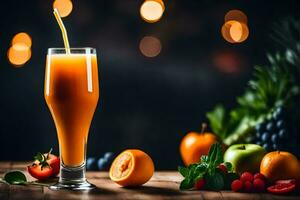 an orange juice with a straw is surrounded by fruits. AI-Generated photo