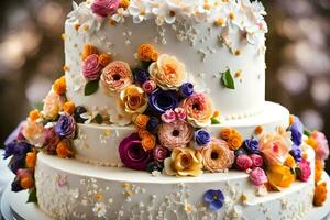 a three tiered cake with colorful flowers on top. AI-Generated photo