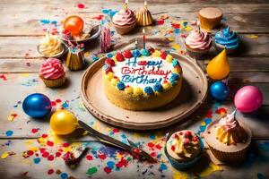 the birthday cake is surrounded by cupcakes and confetti. AI-Generated photo