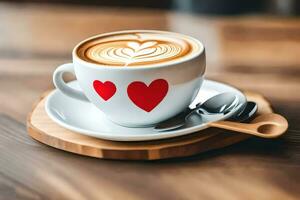 a cup of coffee with hearts on the saucer. AI-Generated photo