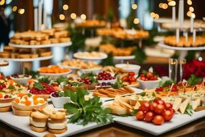 a buffet table with many different types of food. AI-Generated photo