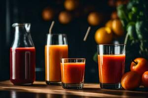 naranja jugo en lentes y un vaso de jugo. generado por ai foto