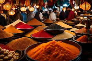 many different types of spices are displayed in bowls. AI-Generated photo