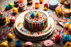 a colorful birthday cake surrounded by confetti. AI-Generated photo