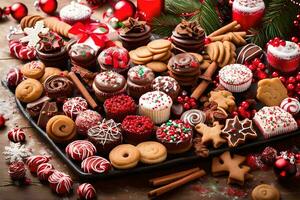 Navidad galletas y postres en un bandeja. generado por ai foto