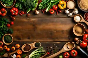 various vegetables and spices are arranged on a wooden table. AI-Generated photo