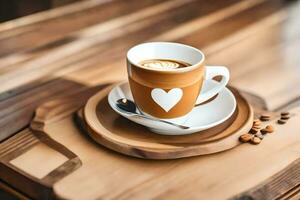 a cup of coffee with heart on the saucer. AI-Generated photo