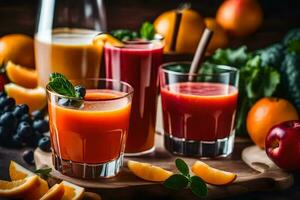 various juices and fruits are arranged on a table. AI-Generated photo